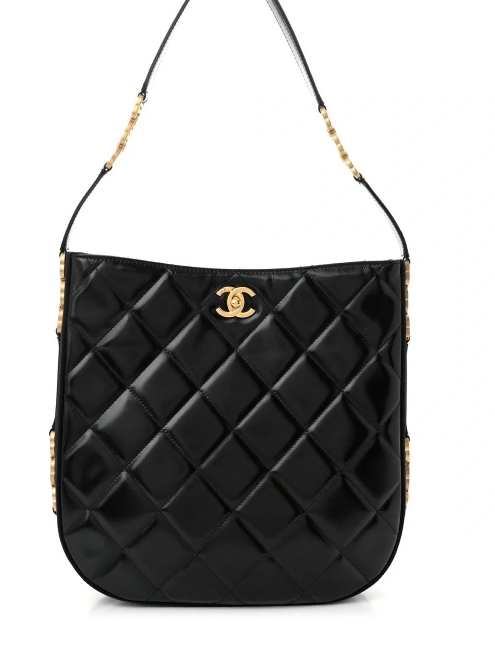 CHANEL Black Quilted Lambskin Shoulder Bag with Gold CC Accent